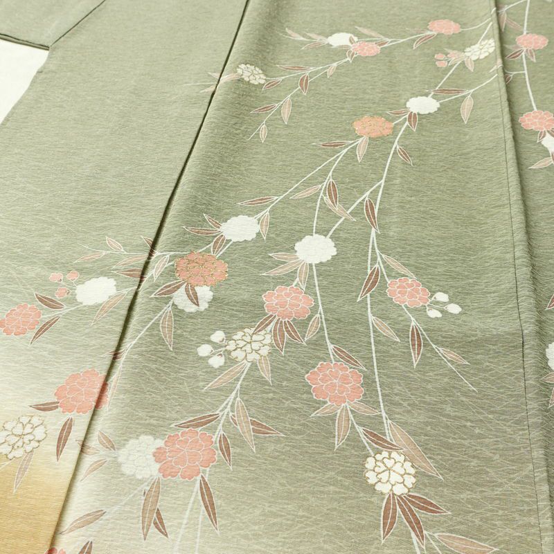 訪問着 縮緬 正絹 木の葉・植物柄 袷仕立て 身丈150.5cm 裄丈62cm リサイクル着物 着物 金彩 入学式 卒業式 七五三 お宮参り フォーマル 緑・うぐいす色_画像5