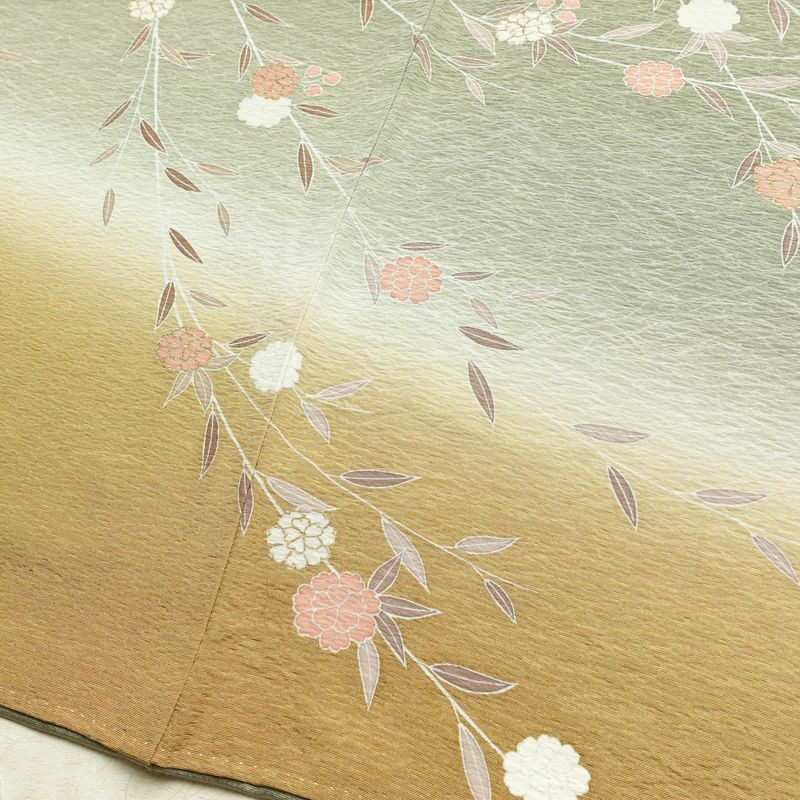 訪問着 縮緬 正絹 木の葉・植物柄 袷仕立て 身丈150.5cm 裄丈62cm リサイクル着物 着物 金彩 入学式 卒業式 七五三 お宮参り フォーマル 緑・うぐいす色_画像13