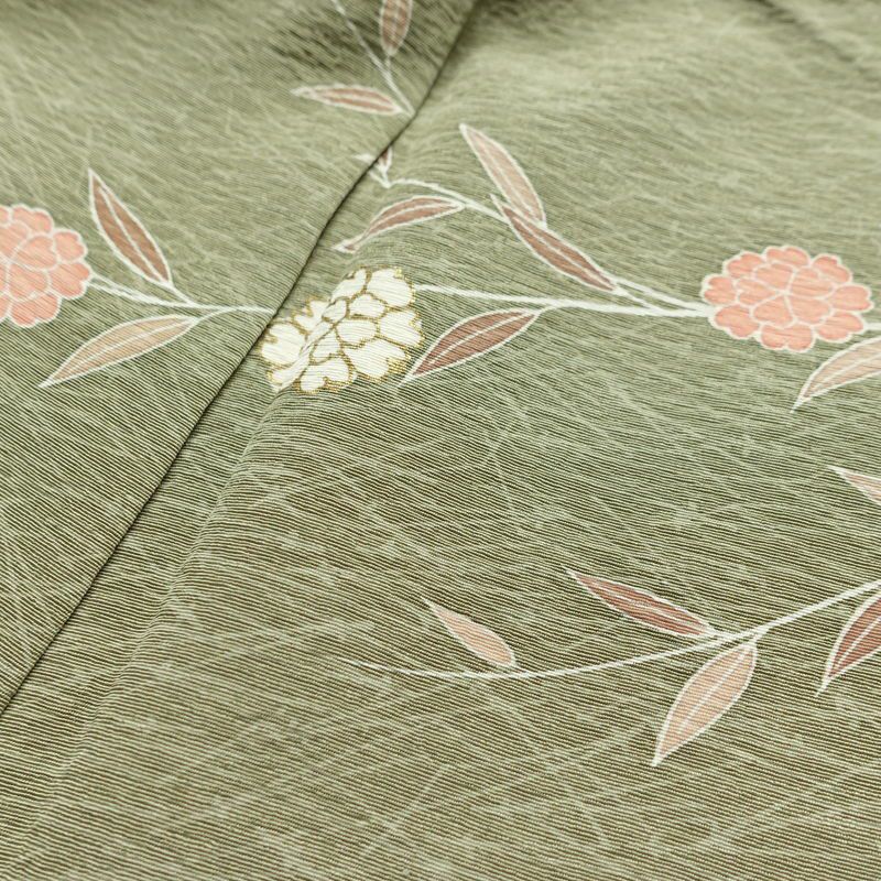 訪問着 縮緬 正絹 木の葉・植物柄 袷仕立て 身丈150.5cm 裄丈62cm リサイクル着物 着物 金彩 入学式 卒業式 七五三 お宮参り フォーマル 緑・うぐいす色_画像18