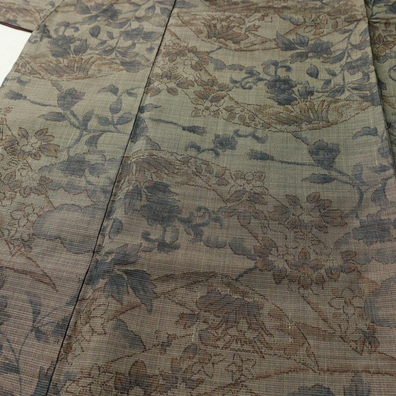 紬 良品 辻が花紬 伊織 しつけ糸付き 正絹 木の葉・植物柄 袷仕立て 身丈167.5cm 裄丈68cm リサイクル着物 着物 茶_画像5