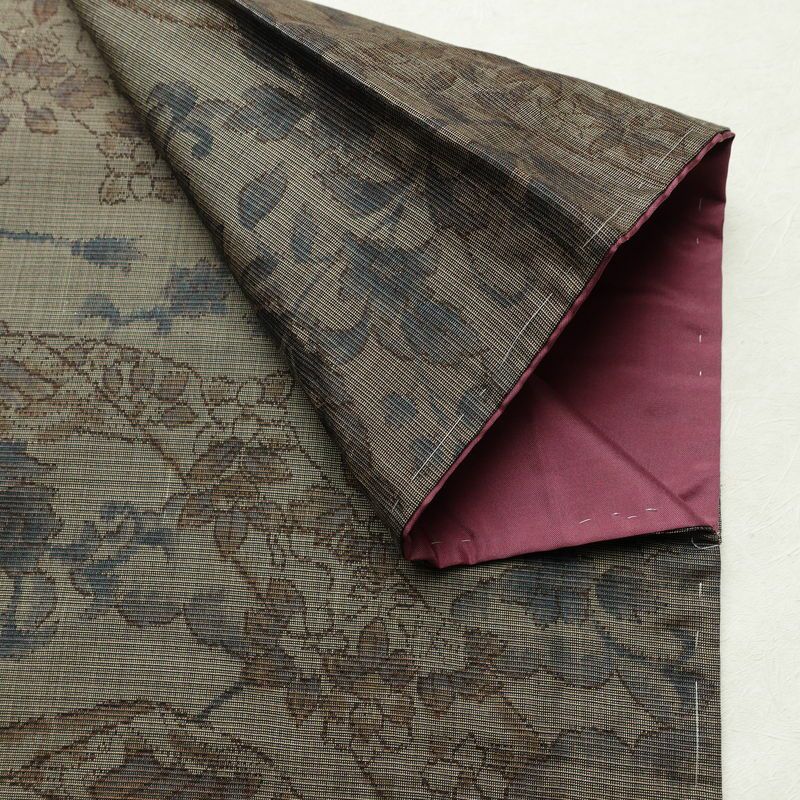 紬 良品 辻が花紬 伊織 しつけ糸付き 正絹 木の葉・植物柄 袷仕立て 身丈167.5cm 裄丈68cm リサイクル着物 着物 茶_画像14