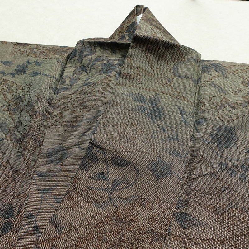 紬 良品 辻が花紬 伊織 しつけ糸付き 正絹 木の葉・植物柄 袷仕立て 身丈167.5cm 裄丈68cm リサイクル着物 着物 茶_画像16