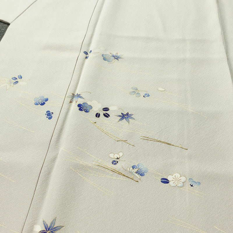 訪問着 良品 京手描友禅 縮緬 一つ紋付き 正絹 花柄 袷仕立て 身丈152.5cm 裄丈62.5cm リサイクル着物 着物 刺繍 箔 金彩 入学式 卒業式 七五三 お宮参り フォーマル 上品 グレー_画像5