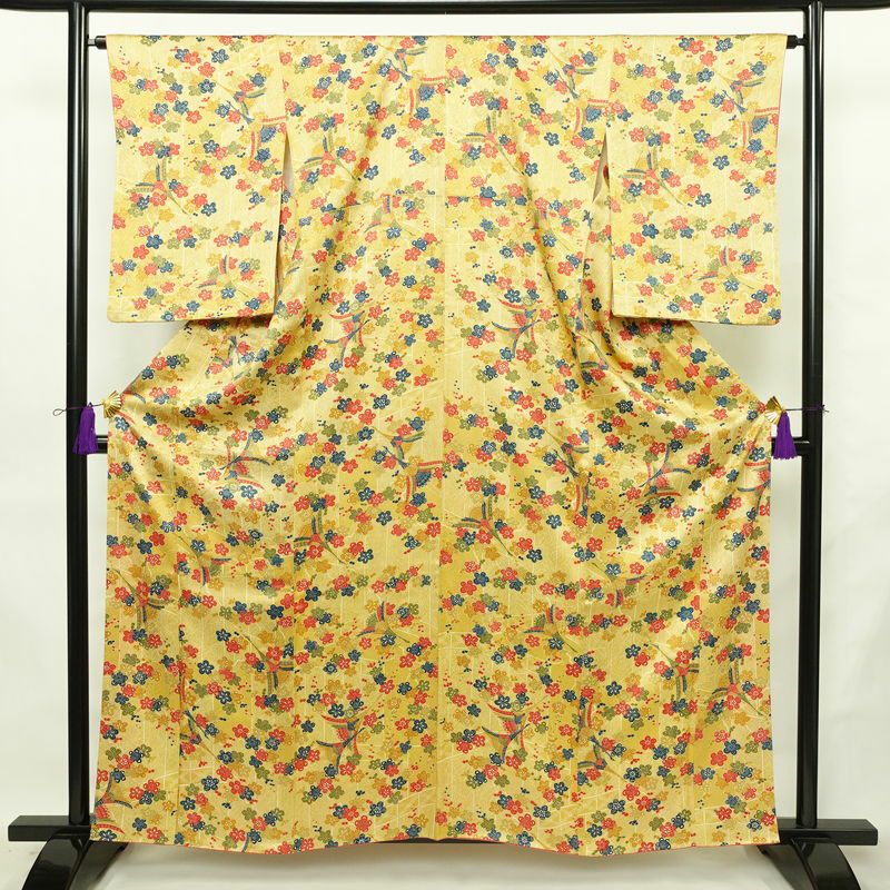 小紋 良品 総柄 正絹 花柄 袷仕立て 身丈159.5cm 裄丈64.5cm リサイクル着物 着物 黄・黄土色_画像1