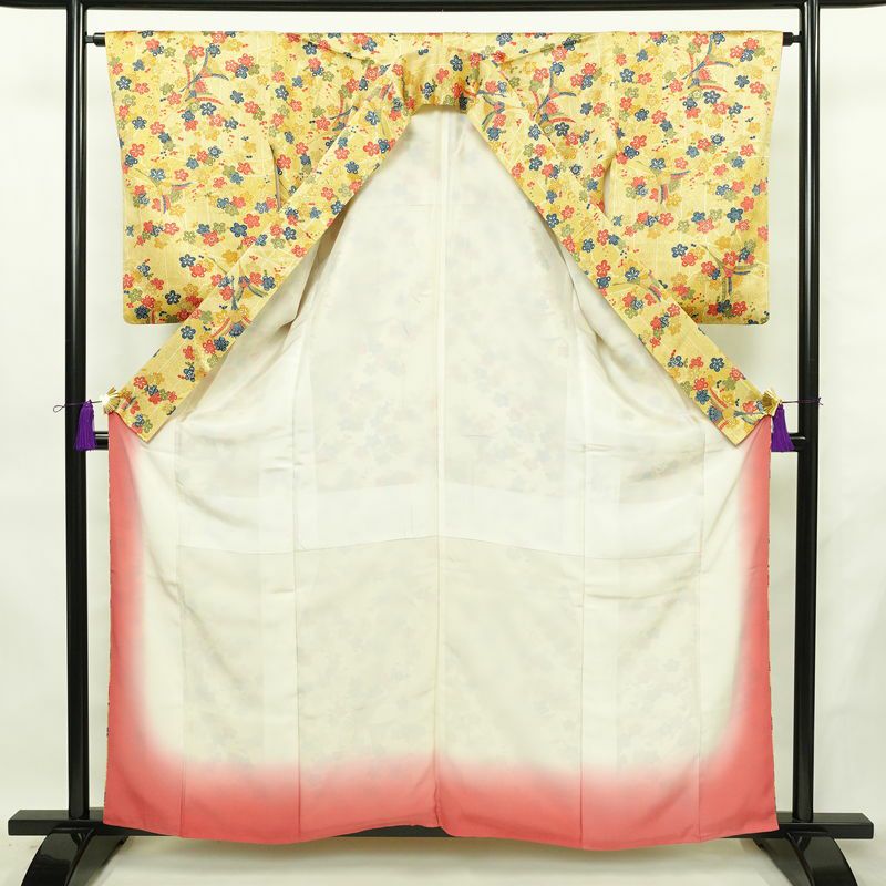 小紋 良品 総柄 正絹 花柄 袷仕立て 身丈159.5cm 裄丈64.5cm リサイクル着物 着物 黄・黄土色_画像3