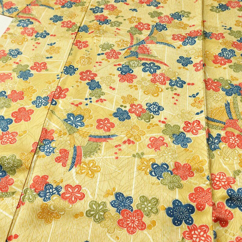 小紋 良品 総柄 正絹 花柄 袷仕立て 身丈159.5cm 裄丈64.5cm リサイクル着物 着物 黄・黄土色_画像5