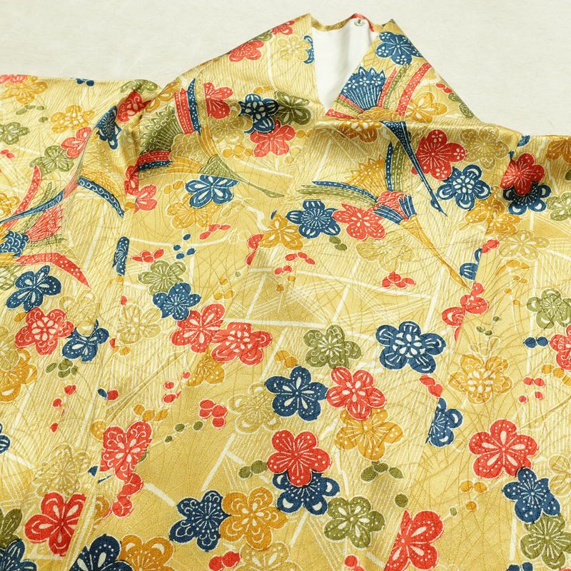 小紋 良品 総柄 正絹 花柄 袷仕立て 身丈159.5cm 裄丈64.5cm リサイクル着物 着物 黄・黄土色_画像16