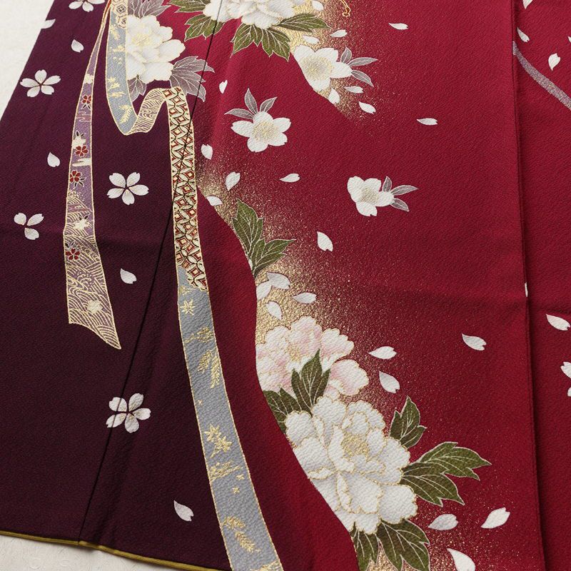 振袖 良品 縮緬 正絹 花柄 袷仕立て 身丈161cm 裄丈70cm リサイクル着物 着物 箔 金彩 成人式 二十歳 二十歳の集い パーティー フォーマル 桜 赤紫 紫・藤色_画像4