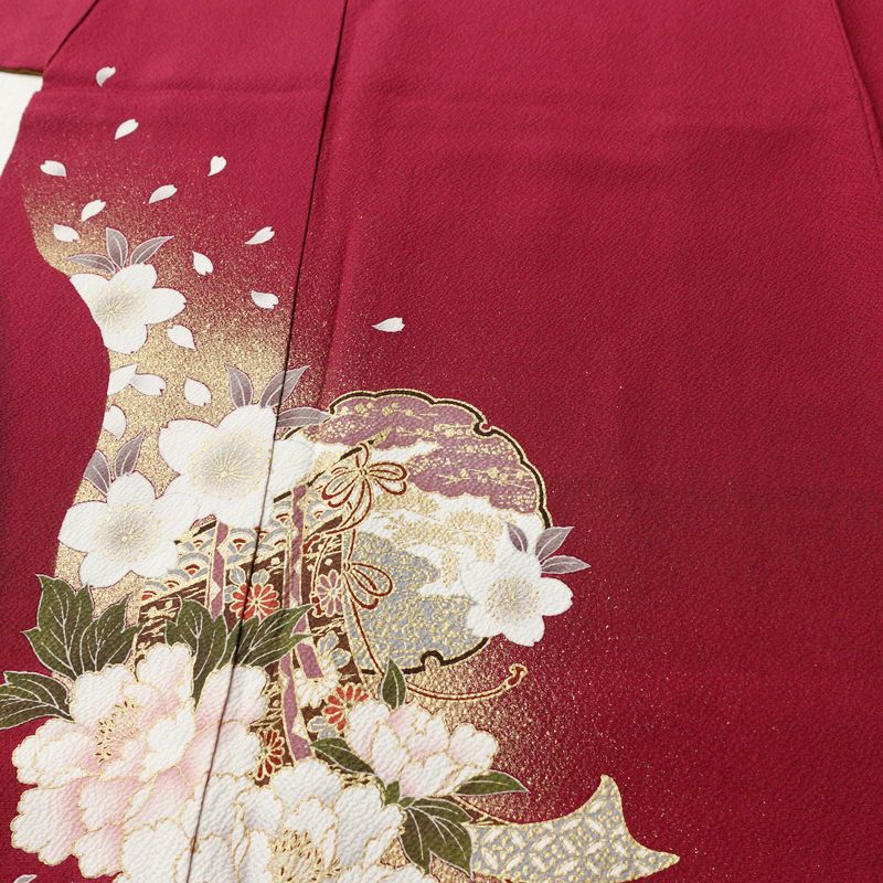 振袖 良品 縮緬 正絹 花柄 袷仕立て 身丈161cm 裄丈70cm リサイクル着物 着物 箔 金彩 成人式 二十歳 二十歳の集い パーティー フォーマル 桜 赤紫 紫・藤色_画像5