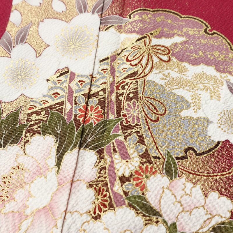 振袖 良品 縮緬 正絹 花柄 袷仕立て 身丈161cm 裄丈70cm リサイクル着物 着物 箔 金彩 成人式 二十歳 二十歳の集い パーティー フォーマル 桜 赤紫 紫・藤色_画像7