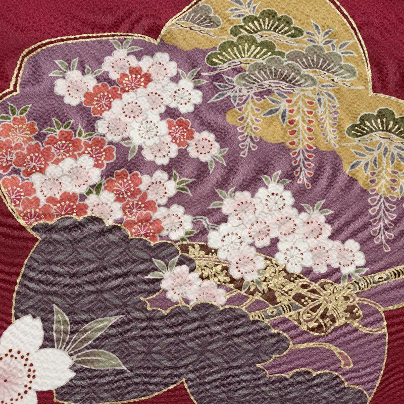 振袖 良品 縮緬 正絹 花柄 袷仕立て 身丈161cm 裄丈70cm リサイクル着物 着物 箔 金彩 成人式 二十歳 二十歳の集い パーティー フォーマル 桜 赤紫 紫・藤色_画像12