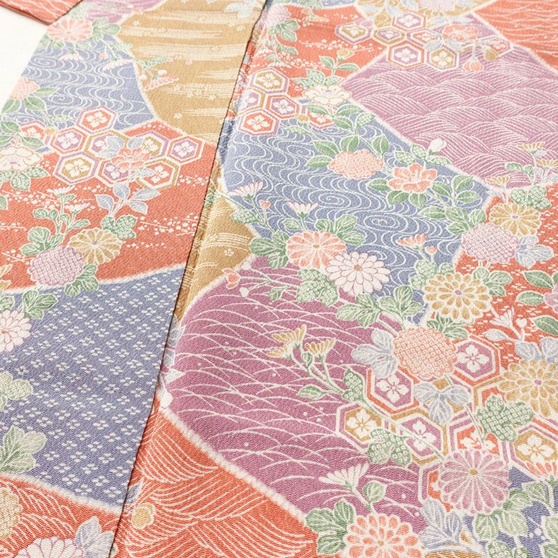 小紋 美品 しつけ糸付き 縮緬 総柄 正絹 古典柄 袷仕立て 身丈161.5cm 裄丈65cm リサイクル着物 着物 菊 亀甲 流水 露芝 多色使い_画像5
