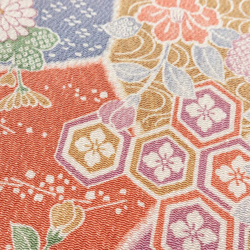 小紋 美品 しつけ糸付き 縮緬 総柄 正絹 古典柄 袷仕立て 身丈161.5cm 裄丈65cm リサイクル着物 着物 菊 亀甲 流水 露芝 多色使い_画像8