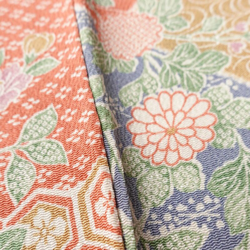 小紋 美品 しつけ糸付き 縮緬 総柄 正絹 古典柄 袷仕立て 身丈161.5cm 裄丈65cm リサイクル着物 着物 菊 亀甲 流水 露芝 多色使い_画像11