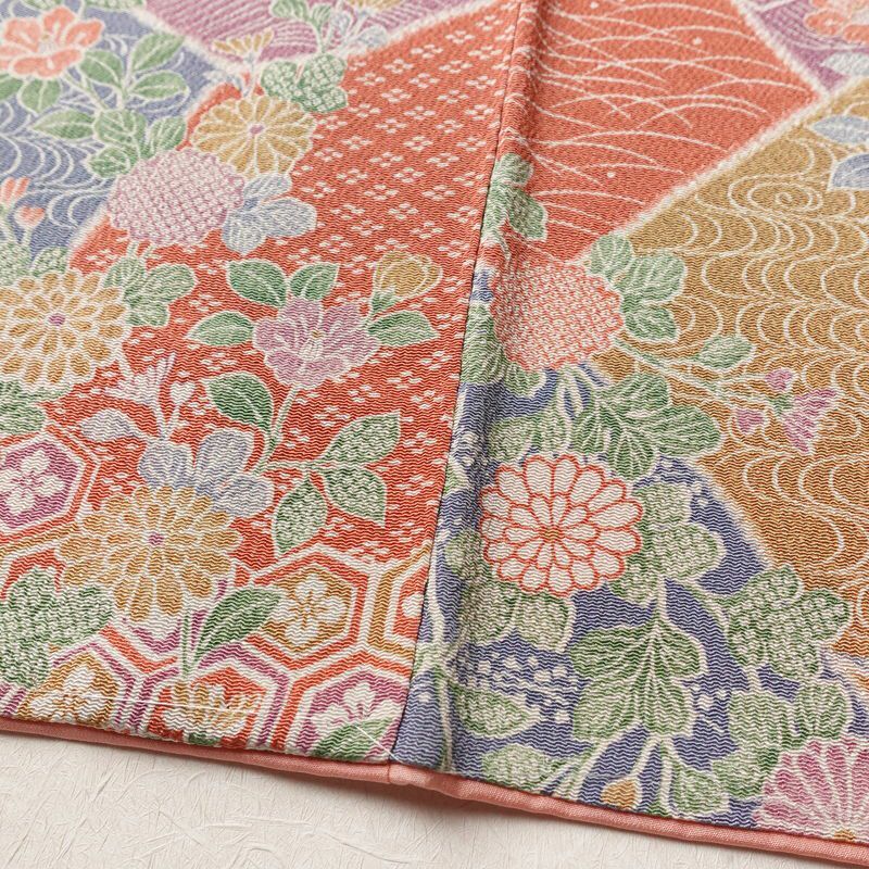 小紋 美品 しつけ糸付き 縮緬 総柄 正絹 古典柄 袷仕立て 身丈161.5cm 裄丈65cm リサイクル着物 着物 菊 亀甲 流水 露芝 多色使い_画像12