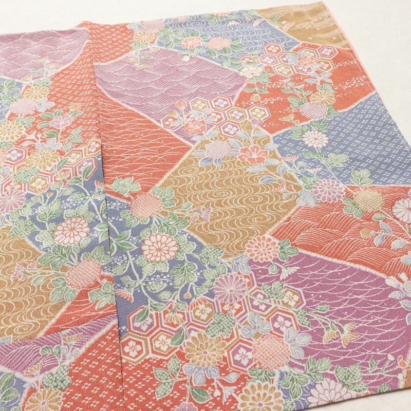 小紋 美品 しつけ糸付き 縮緬 総柄 正絹 古典柄 袷仕立て 身丈161.5cm 裄丈65cm リサイクル着物 着物 菊 亀甲 流水 露芝 多色使い_画像13