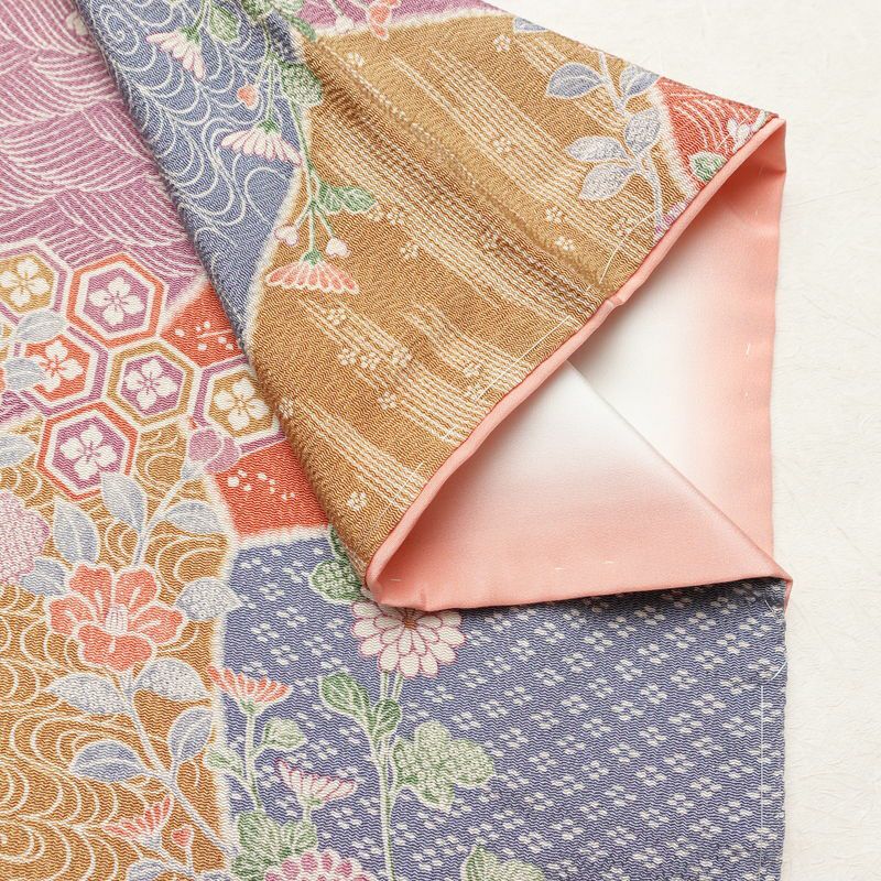 小紋 美品 しつけ糸付き 縮緬 総柄 正絹 古典柄 袷仕立て 身丈161.5cm 裄丈65cm リサイクル着物 着物 菊 亀甲 流水 露芝 多色使い_画像14