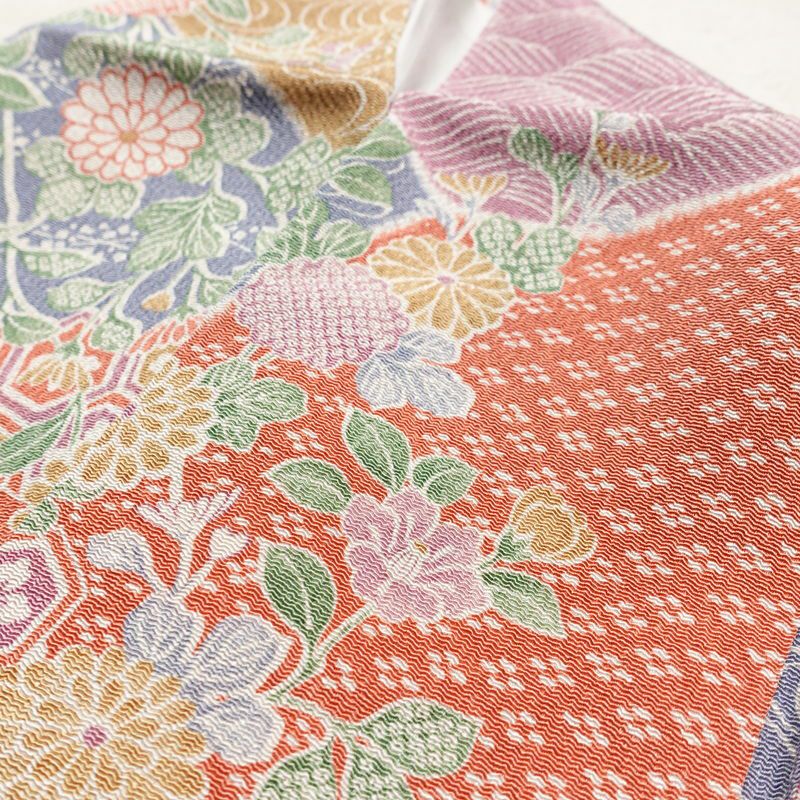 小紋 美品 しつけ糸付き 縮緬 総柄 正絹 古典柄 袷仕立て 身丈161.5cm 裄丈65cm リサイクル着物 着物 菊 亀甲 流水 露芝 多色使い_画像17