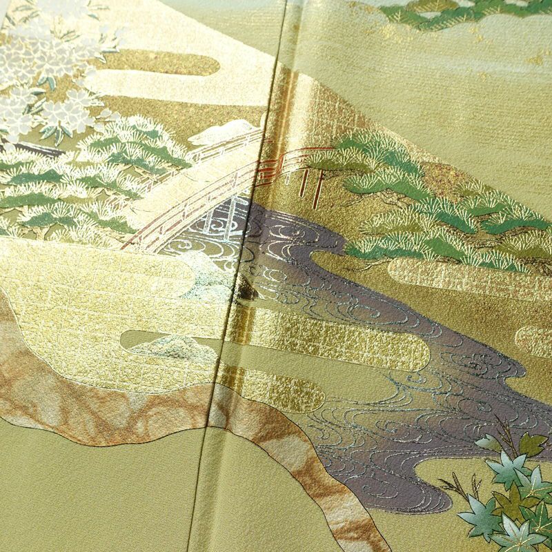 付け下げ 美品 しつけ糸付き 縮緬 トールサイズ 正絹 風景柄 袷仕立て 身丈173cm 裄丈68.5cm リサイクル着物 着物 箔 共八掛 金彩 入学式 卒業式 七五三 お宮参り フォーマル 緑・うぐいす色_画像11