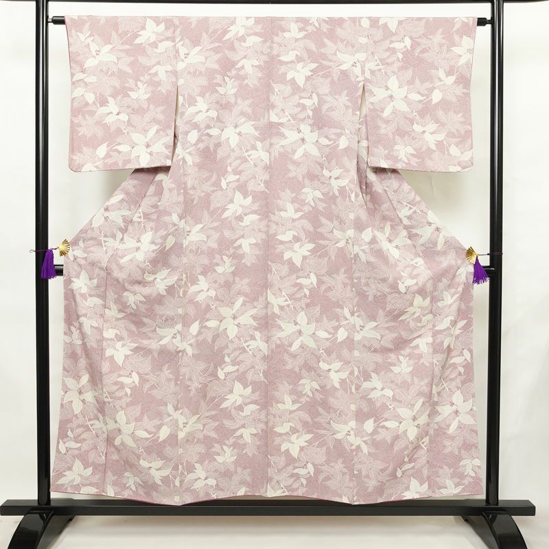 小紋 総柄 正絹 木の葉・植物柄 袷仕立て 身丈153cm 裄丈63cm リサイクル着物 着物 紫・藤色_画像1