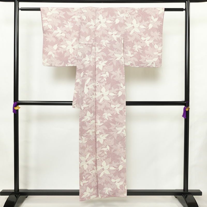小紋 総柄 正絹 木の葉・植物柄 袷仕立て 身丈153cm 裄丈63cm リサイクル着物 着物 紫・藤色_画像2