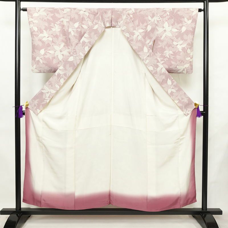 小紋 総柄 正絹 木の葉・植物柄 袷仕立て 身丈153cm 裄丈63cm リサイクル着物 着物 紫・藤色_画像3