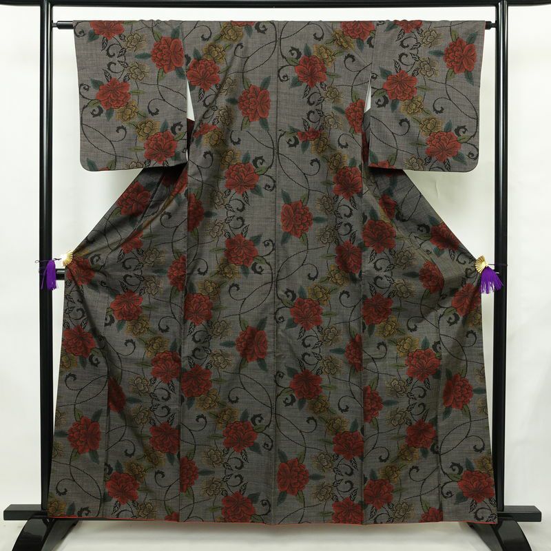 大島紬 証紙なし 正絹 花柄 袷仕立て 身丈160cm 裄丈63cm リサイクル着物 着物 茶_画像1