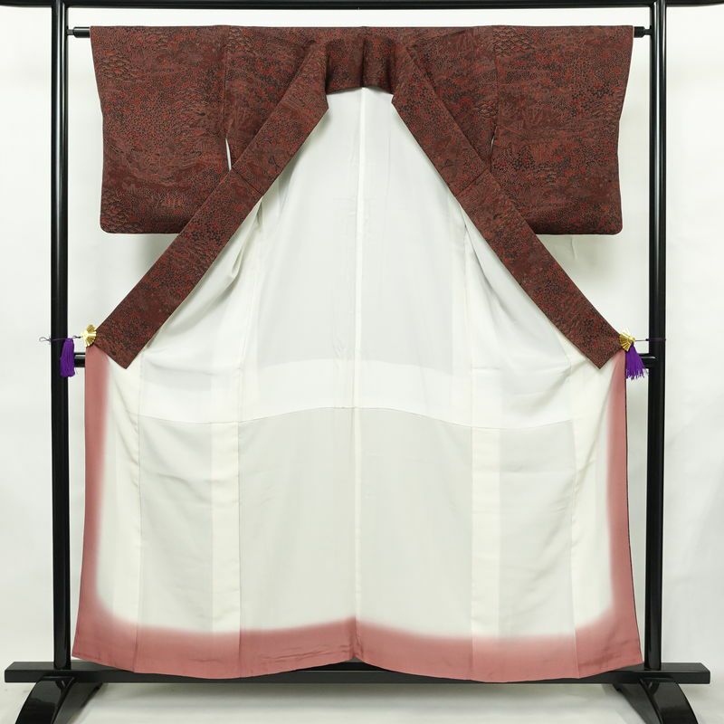 小紋 良品 総柄 正絹 風景柄 袷仕立て 身丈155.5cm 裄丈63cm リサイクル着物 着物 金彩 小豆・エンジ_画像3