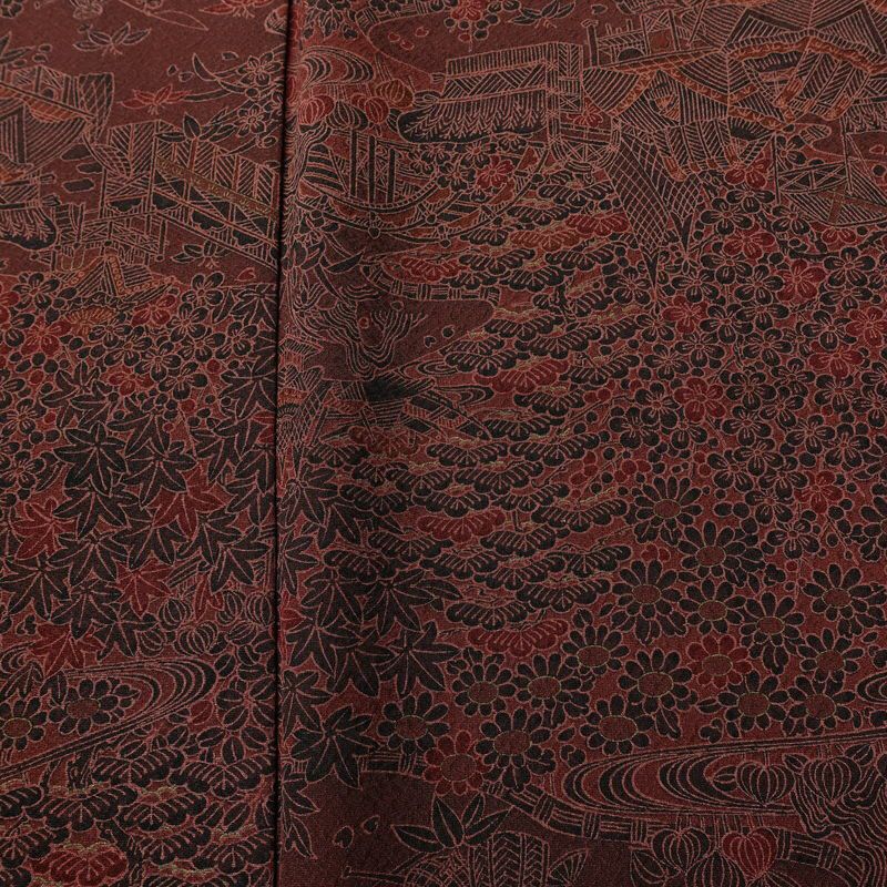 小紋 良品 総柄 正絹 風景柄 袷仕立て 身丈155.5cm 裄丈63cm リサイクル着物 着物 金彩 小豆・エンジ_画像6