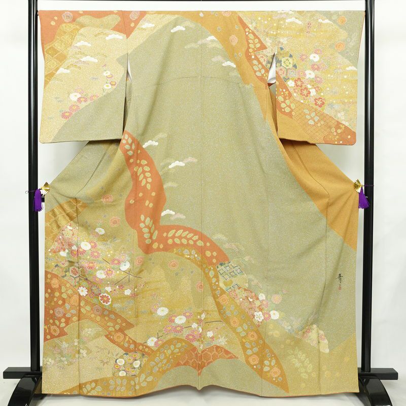 訪問着 良品 松井青々 落款入り 伊達衿付き 金駒刺繍 一つ紋付き 正絹 古典柄 袷仕立て 身丈165cm 裄丈67.5cm リサイクル着物 着物 刺繍 箔 共八掛 金彩 パーティー フォーマル 華やか 多色使い_画像1