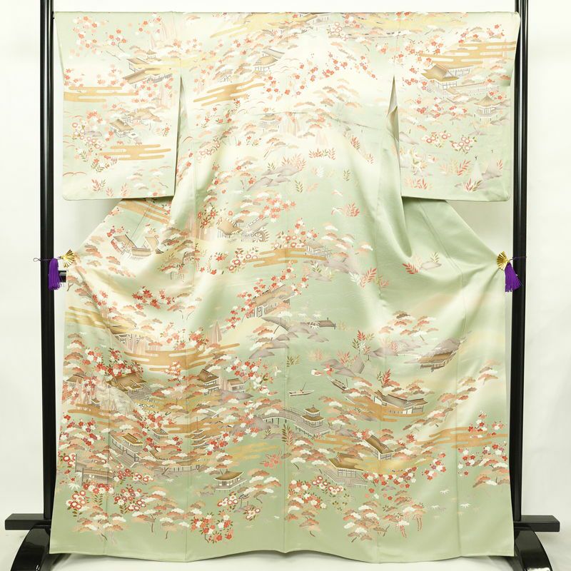 訪問着 良品 金駒刺繍 一つ紋付き 正絹 風景柄 袷仕立て 身丈165.5cm 裄丈68cm リサイクル着物 着物 箔 入学式 卒業式 七五三 お宮参り フォーマル 緑・うぐいす色_画像1
