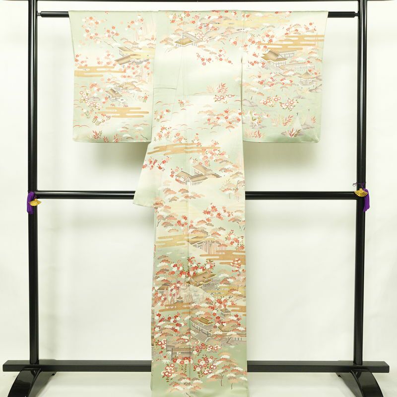 訪問着 良品 金駒刺繍 一つ紋付き 正絹 風景柄 袷仕立て 身丈165.5cm 裄丈68cm リサイクル着物 着物 箔 入学式 卒業式 七五三 お宮参り フォーマル 緑・うぐいす色_画像2