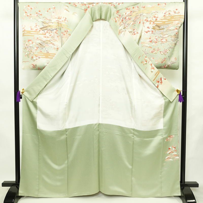 訪問着 良品 金駒刺繍 一つ紋付き 正絹 風景柄 袷仕立て 身丈165.5cm 裄丈68cm リサイクル着物 着物 箔 入学式 卒業式 七五三 お宮参り フォーマル 緑・うぐいす色_画像3