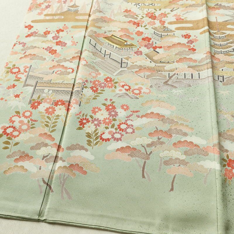 訪問着 良品 金駒刺繍 一つ紋付き 正絹 風景柄 袷仕立て 身丈165.5cm 裄丈68cm リサイクル着物 着物 箔 入学式 卒業式 七五三 お宮参り フォーマル 緑・うぐいす色_画像4