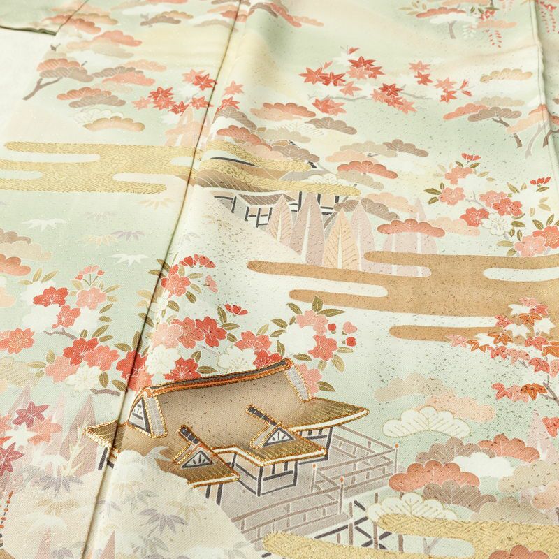 訪問着 良品 金駒刺繍 一つ紋付き 正絹 風景柄 袷仕立て 身丈165.5cm 裄丈68cm リサイクル着物 着物 箔 入学式 卒業式 七五三 お宮参り フォーマル 緑・うぐいす色_画像5