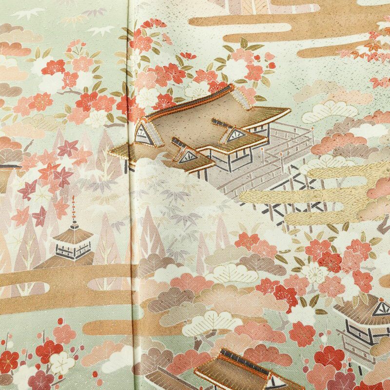 訪問着 良品 金駒刺繍 一つ紋付き 正絹 風景柄 袷仕立て 身丈165.5cm 裄丈68cm リサイクル着物 着物 箔 入学式 卒業式 七五三 お宮参り フォーマル 緑・うぐいす色_画像6