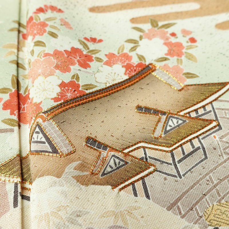 訪問着 良品 金駒刺繍 一つ紋付き 正絹 風景柄 袷仕立て 身丈165.5cm 裄丈68cm リサイクル着物 着物 箔 入学式 卒業式 七五三 お宮参り フォーマル 緑・うぐいす色_画像7