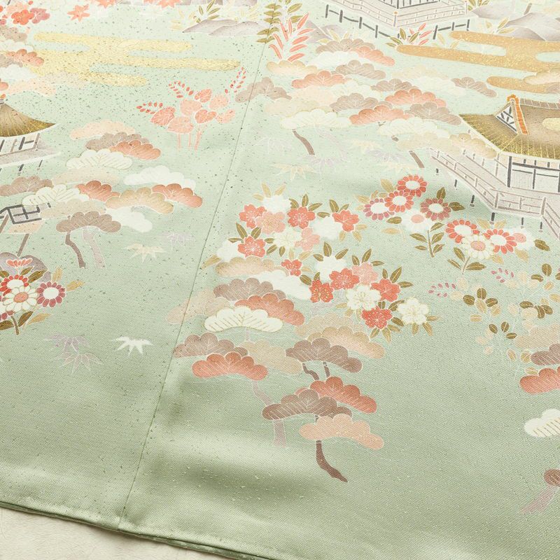 訪問着 良品 金駒刺繍 一つ紋付き 正絹 風景柄 袷仕立て 身丈165.5cm 裄丈68cm リサイクル着物 着物 箔 入学式 卒業式 七五三 お宮参り フォーマル 緑・うぐいす色_画像12
