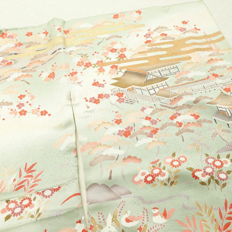訪問着 良品 金駒刺繍 一つ紋付き 正絹 風景柄 袷仕立て 身丈165.5cm 裄丈68cm リサイクル着物 着物 箔 入学式 卒業式 七五三 お宮参り フォーマル 緑・うぐいす色_画像13