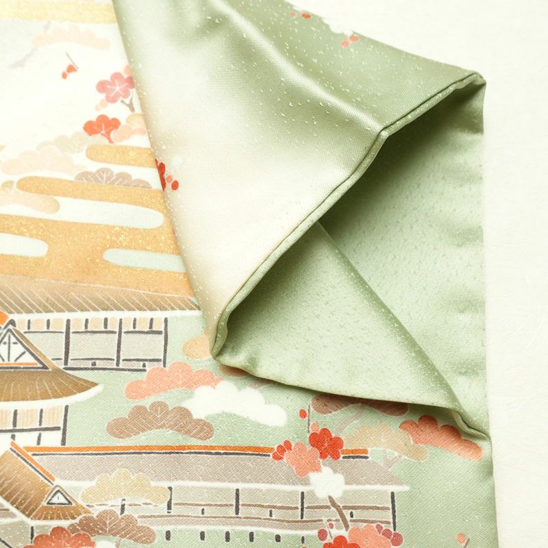 訪問着 良品 金駒刺繍 一つ紋付き 正絹 風景柄 袷仕立て 身丈165.5cm 裄丈68cm リサイクル着物 着物 箔 入学式 卒業式 七五三 お宮参り フォーマル 緑・うぐいす色_画像14