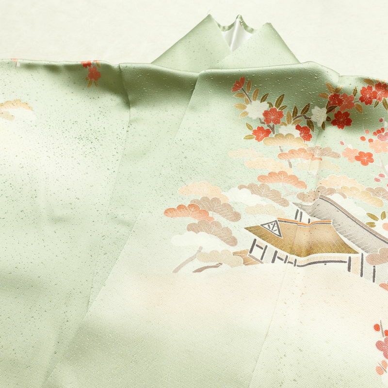 訪問着 良品 金駒刺繍 一つ紋付き 正絹 風景柄 袷仕立て 身丈165.5cm 裄丈68cm リサイクル着物 着物 箔 入学式 卒業式 七五三 お宮参り フォーマル 緑・うぐいす色_画像16