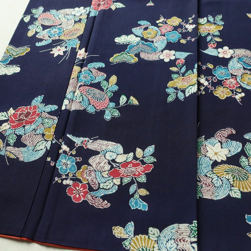 小紋 縮緬 正絹 花柄 袷仕立て 身丈161.5cm 裄丈67.5cm リサイクル着物 着物 青・紺_画像4