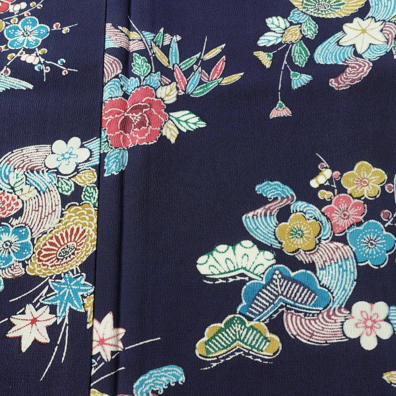 小紋 縮緬 正絹 花柄 袷仕立て 身丈161.5cm 裄丈67.5cm リサイクル着物 着物 青・紺_画像6