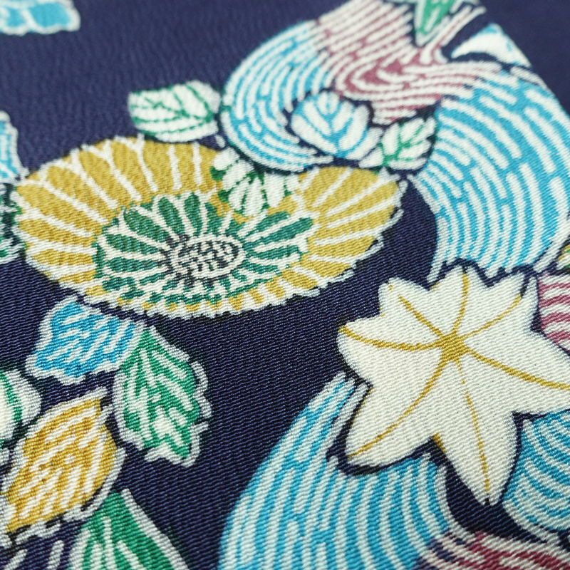 小紋 縮緬 正絹 花柄 袷仕立て 身丈161.5cm 裄丈67.5cm リサイクル着物 着物 青・紺_画像8