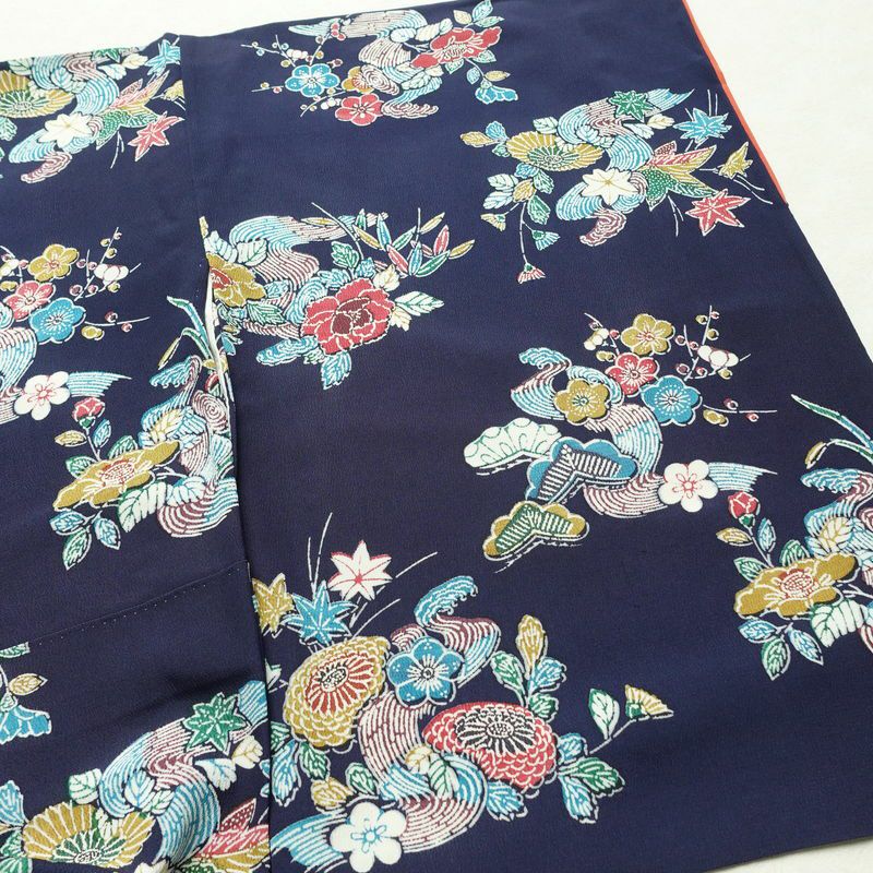 小紋 縮緬 正絹 花柄 袷仕立て 身丈161.5cm 裄丈67.5cm リサイクル着物 着物 青・紺_画像11