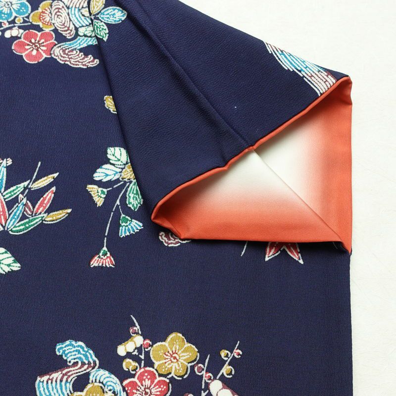 小紋 縮緬 正絹 花柄 袷仕立て 身丈161.5cm 裄丈67.5cm リサイクル着物 着物 青・紺_画像12