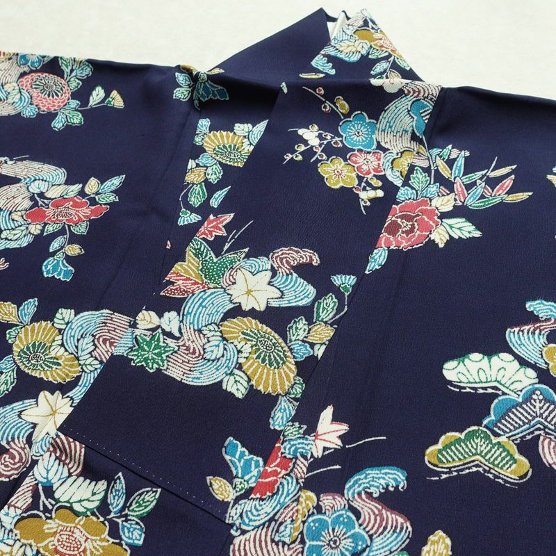 小紋 縮緬 正絹 花柄 袷仕立て 身丈161.5cm 裄丈67.5cm リサイクル着物 着物 青・紺_画像15