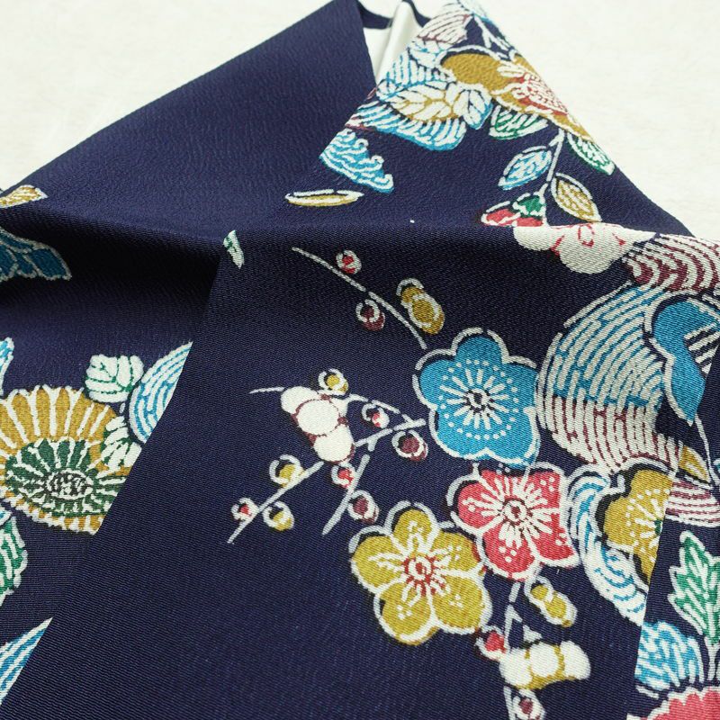 小紋 縮緬 正絹 花柄 袷仕立て 身丈161.5cm 裄丈67.5cm リサイクル着物 着物 青・紺_画像16