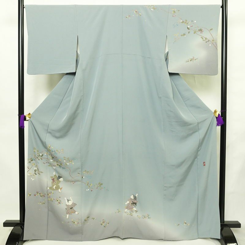 訪問着 良品 落款入り 縮緬 正絹 人物・動物柄 袷仕立て 身丈167.5cm 裄丈67cm リサイクル着物 着物 入学式 卒業式 七五三 お宮参り フォーマル 青・紺_画像1