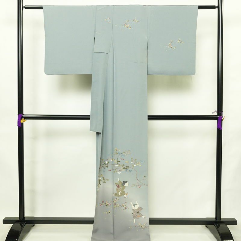 訪問着 良品 落款入り 縮緬 正絹 人物・動物柄 袷仕立て 身丈167.5cm 裄丈67cm リサイクル着物 着物 入学式 卒業式 七五三 お宮参り フォーマル 青・紺_画像2